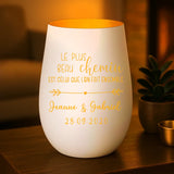 Cadeau personnalisé : photophore blanc et or avec gravure de prénoms - fabriqué par Love & Faith