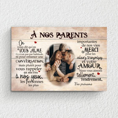 Toile personnalisée À nos parents avec prénoms et photos, cadre bois massif, couleurs vives