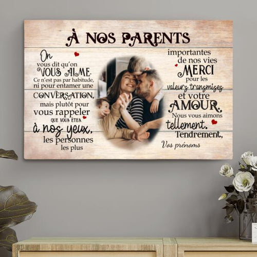 Toile personnalisée À nos parents avec prénoms et photos, cadre bois massif, couleurs vives – Motiv 2