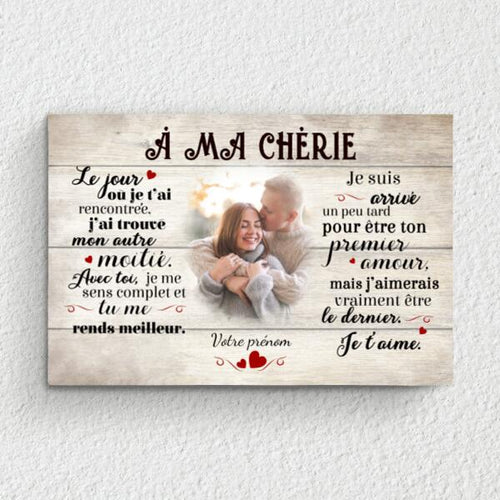 Toile partenaire personnalisée « À ma chérie » avec photo et prénoms, cadre bois