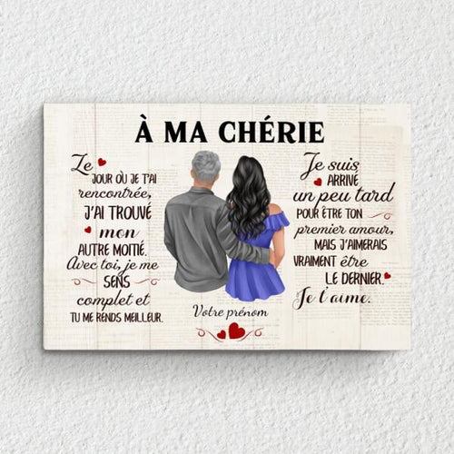 Toile personnalisée À ma chérie avec dessin custom, prénoms et cadre bois massif pour couple