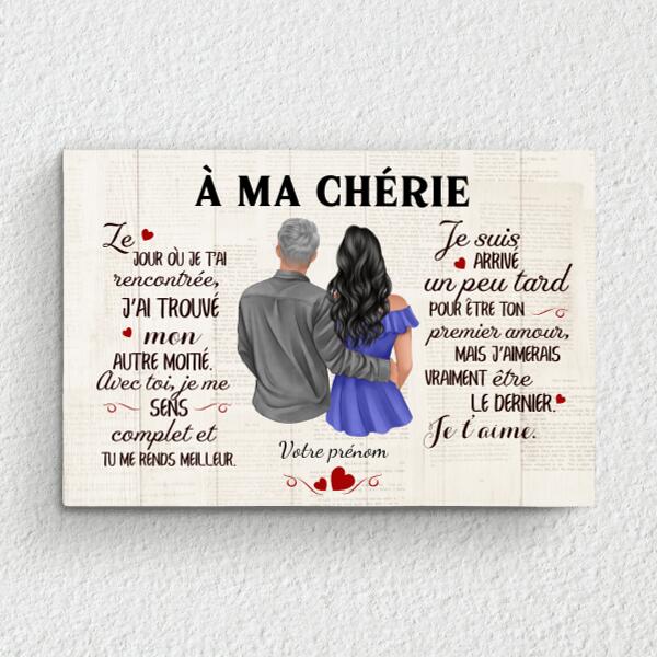 Toile personnalisée À ma chérie avec dessin custom, prénoms et cadre bois massif pour couple