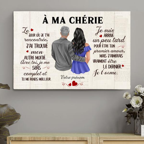 Toile personnalisée À ma chérie avec dessin custom, prénoms et cadre bois massif pour couple – Motiv 2