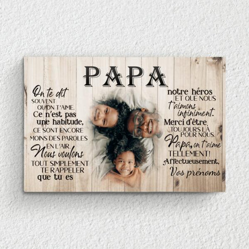 Toile personnalisée Papa avec photo et prénoms, impression nette couleurs vives, cadre bois