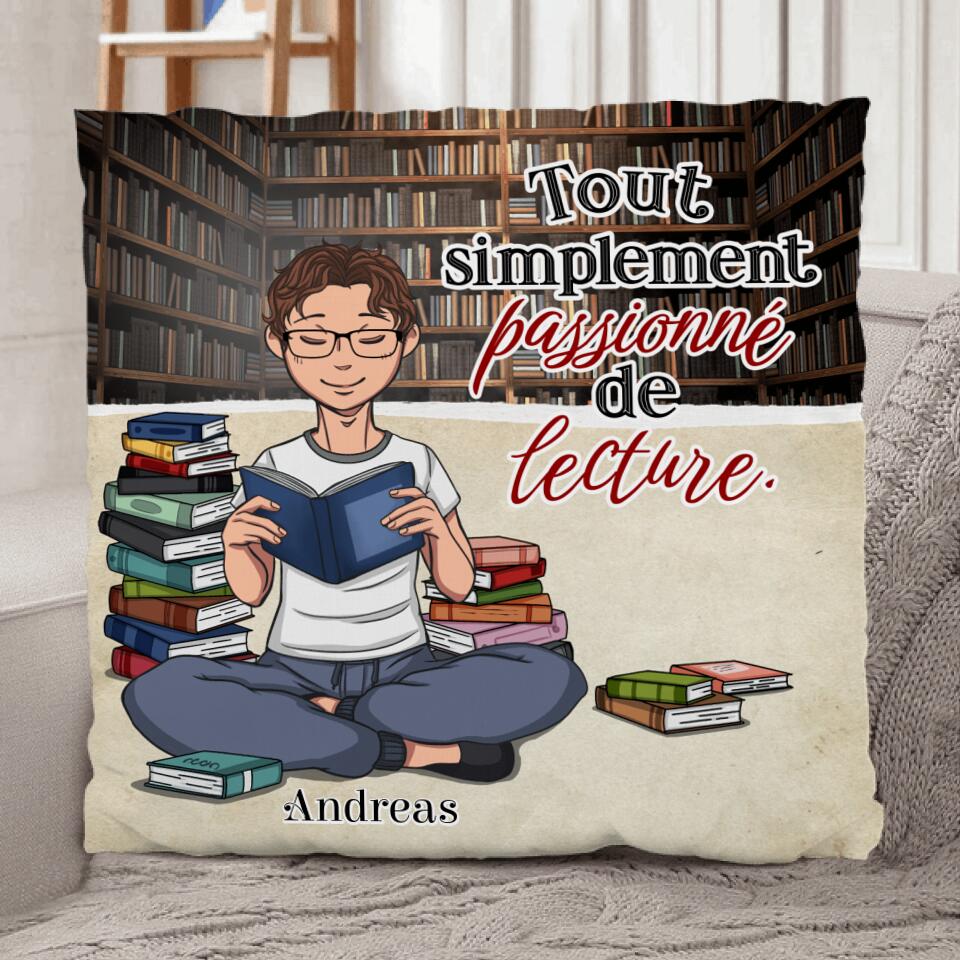 Coussin personnalisé Le dévoreur de livres avec design amis-lecteurs, moelleux et lavable