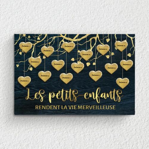 Toile personnalisée grands-parents petits-enfants avec prénoms, cadre bois, design Les petits-enfants d'or