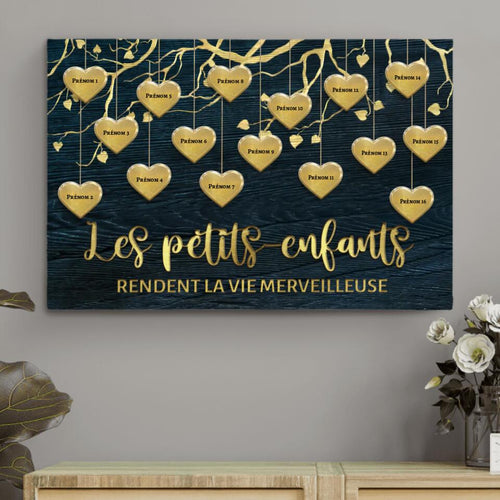 Toile personnalisée grands-parents petits-enfants avec prénoms, cadre bois, design Les petits-enfants d'or – Motiv 2