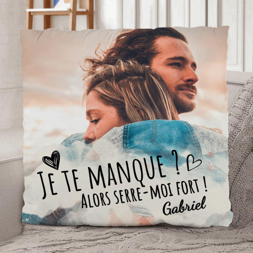 Coussin couple personnalisé Serre-moi fort avec design et prénoms gravés, peluche premium douce