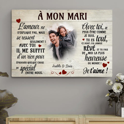 Toile personnalisée couple avec prénoms et photo, cadre bois, design horizontal pour décoration murale – Motiv 2