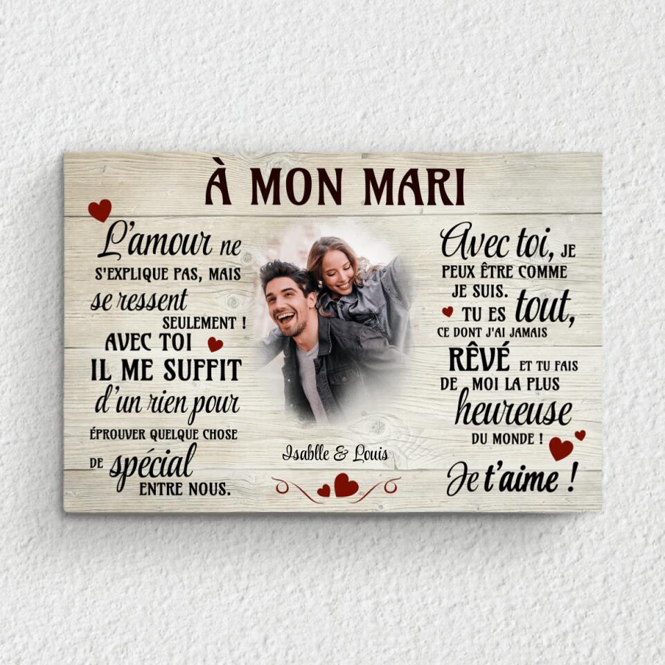 Toile personnalisée couple avec prénoms et photo, cadre bois, design horizontal pour décoration murale