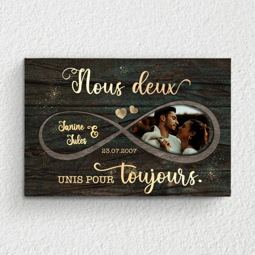 Toile couple personnalisée Unis pour toujours avec cadre bois, photo et prénoms