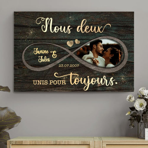 Toile couple personnalisée Unis pour toujours avec cadre bois, photo et prénoms – Motiv 2