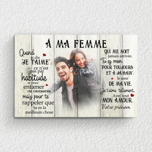 Toile partenaire personnalisée avec photo et prénoms « À ma femme », cadre bois, impression haute définition