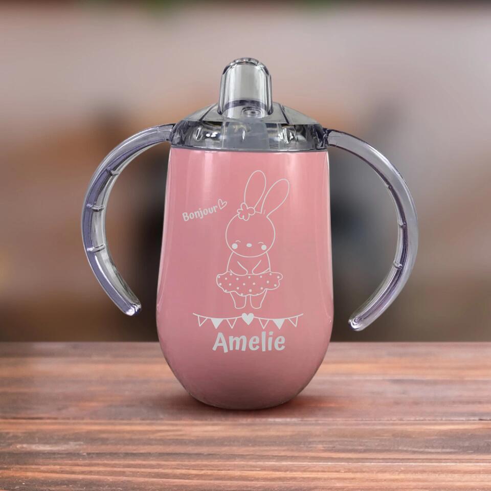 Gobelet pour bébé rose Soif d'animaux avec prénom personnalisable et poignées enfant