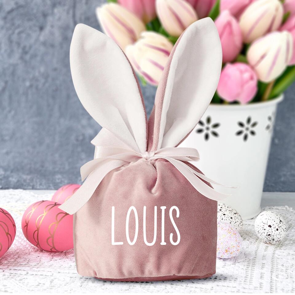 Nid de Pâques personnalisé en forme de lapin avec prénom, sac cadeau velouté pour enfant