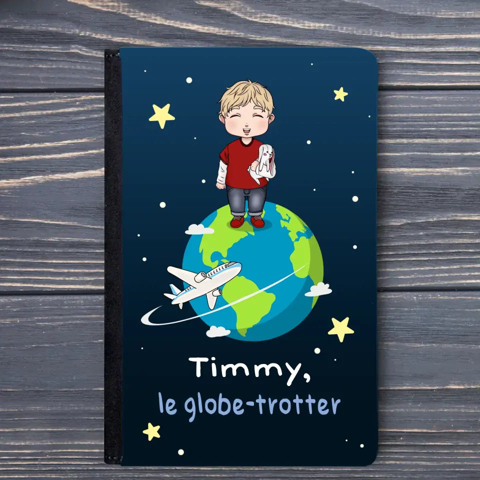 Étui de passeport enfant personnalisé Globe-trotter avec prénom, cuir PU robuste et design coloré