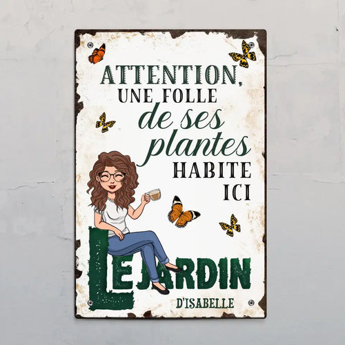 Plaque de porte personnalisée La fille folle de son jardin en Alu-Dibond, motif floral coloré avec texte gravé