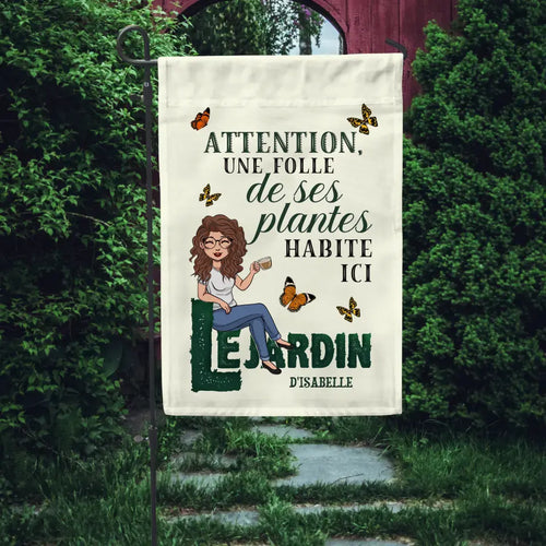 Drapeau de jardin personnalisé La fille folle de son jardin en lin, impression pleine surface, avec support en fer – Motiv 2