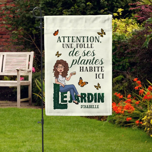 Drapeau de jardin personnalisé La fille folle de son jardin en lin, impression pleine surface, avec support en fer forgé