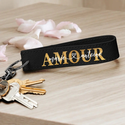 Porte-clés couple PU personnalisé Amour avec prénoms gravés et mousqueton – Motiv 2