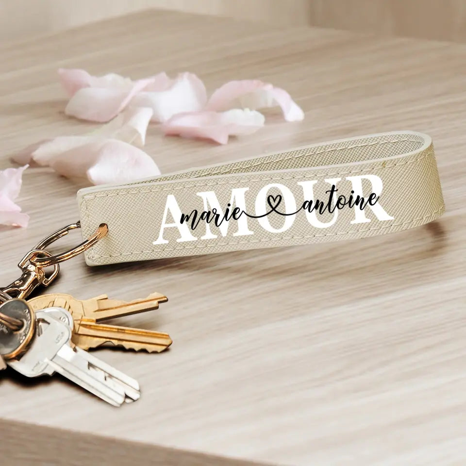 Porte-clés couple PU personnalisé Amour avec prénoms gravés et mousqueton