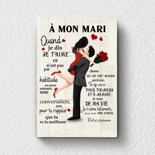 Toile personnalisée À mon mari avec dessin couple, cadre bois massif, impression couleurs vives
