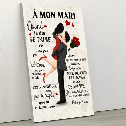 Toile personnalisée À mon mari avec dessin couple, cadre bois massif, impression couleurs vives – Motiv 2