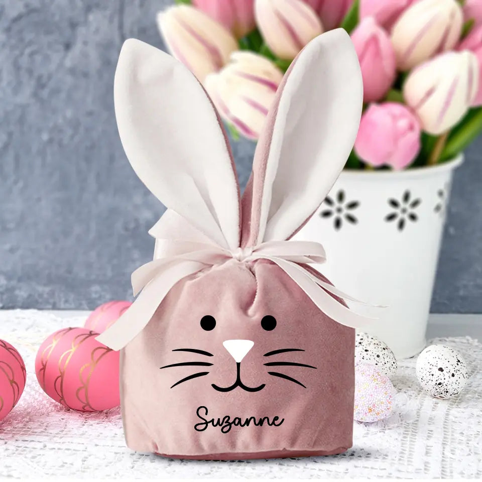 Nid de Pâques personnalisé en forme de lapin velours avec prénom à personnaliser
