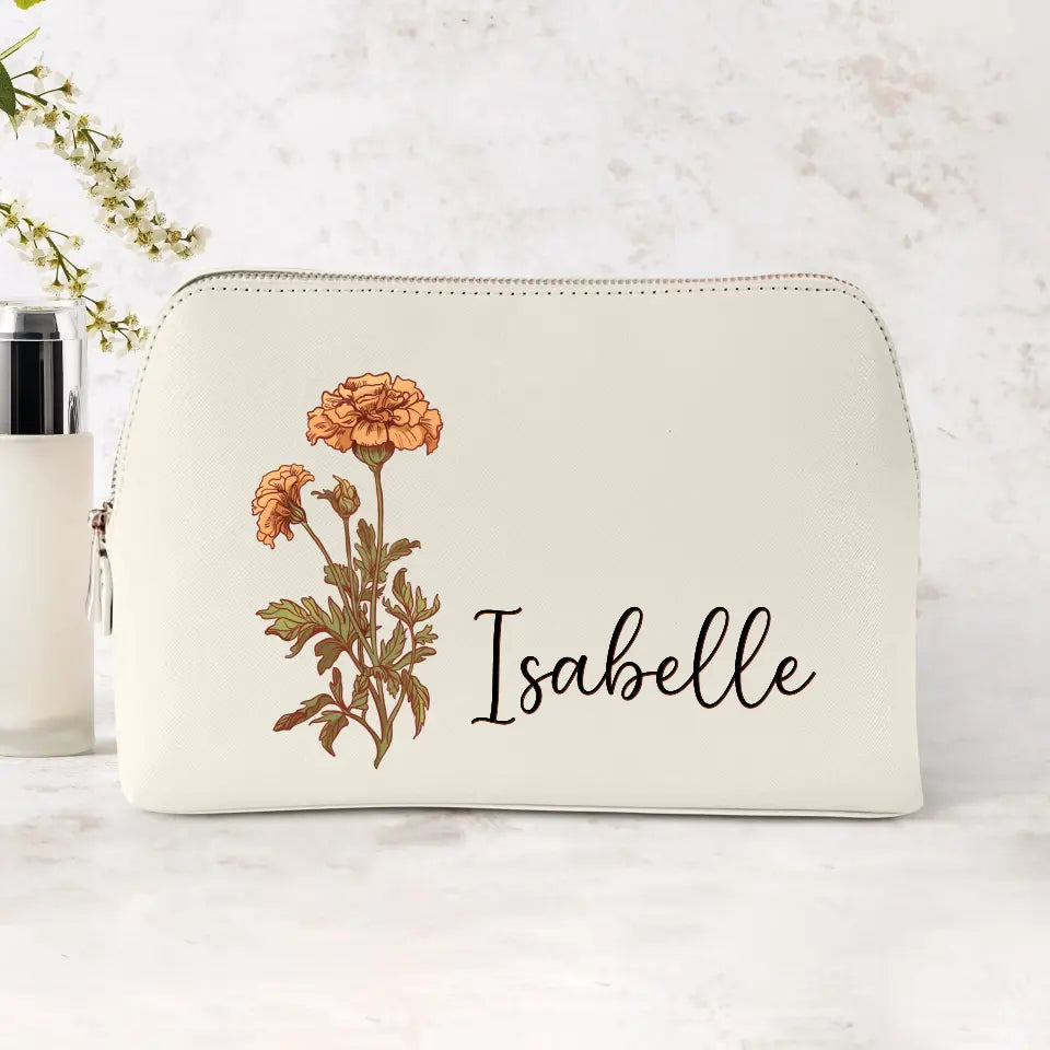 Trousse de maquillage personnalisée en PU avec prénom et motif fleur, matériau cuir synthétique robuste