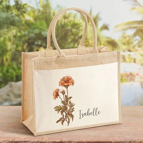 Sac personnalisé avec fleur et prénom, impression DTF, poignées de transport robustes
