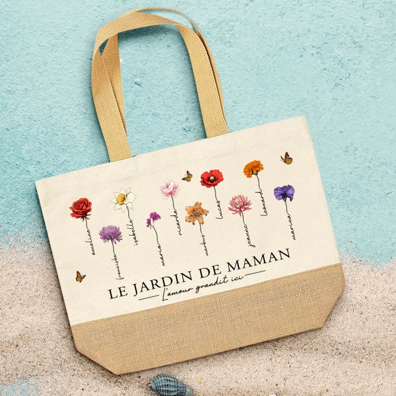 L'amour grandit ici - Sac personnalisé avec fleurs et prénoms pour maman