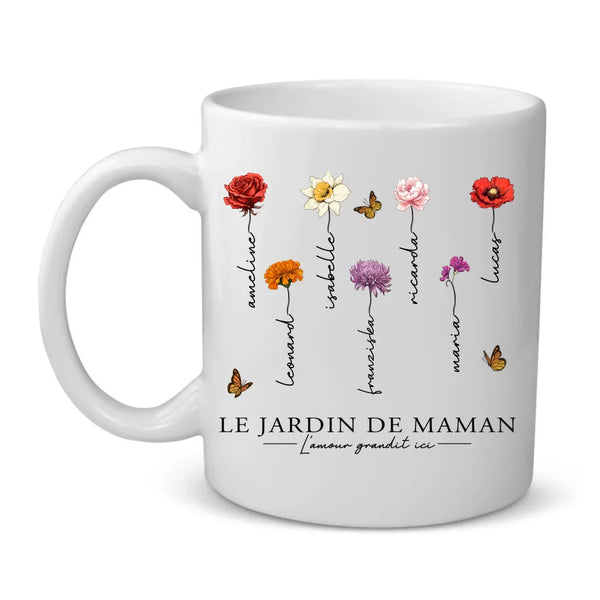 L'amour grandit ici - Tasse personnalisée avec fleurs et prénoms