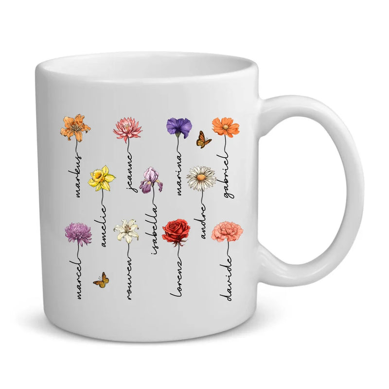 L'amour grandit ici - Tasse personnalisée avec fleurs et prénoms