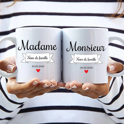 Tasse partenaire personnalisée Madame & Monsieur avec noms gravés, impression sublimation résistante