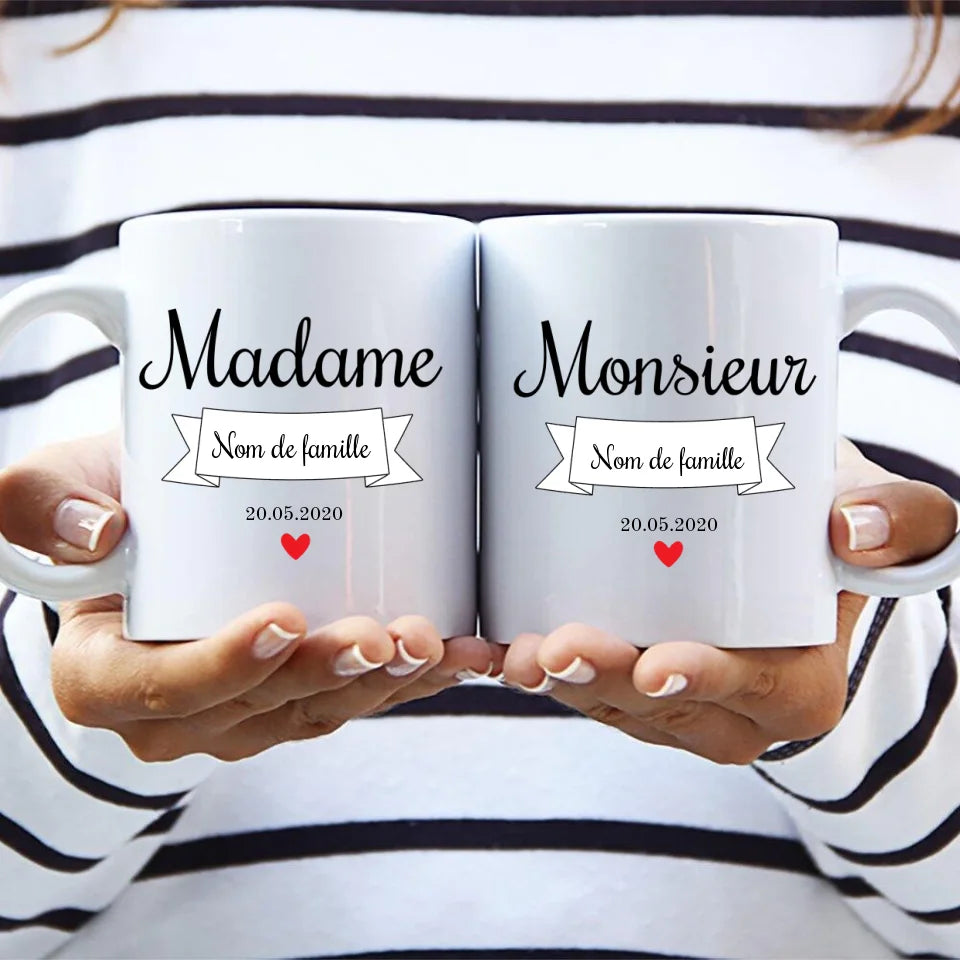 Tasse partenaire personnalisée Madame & Monsieur avec noms gravés, impression sublimation résistante