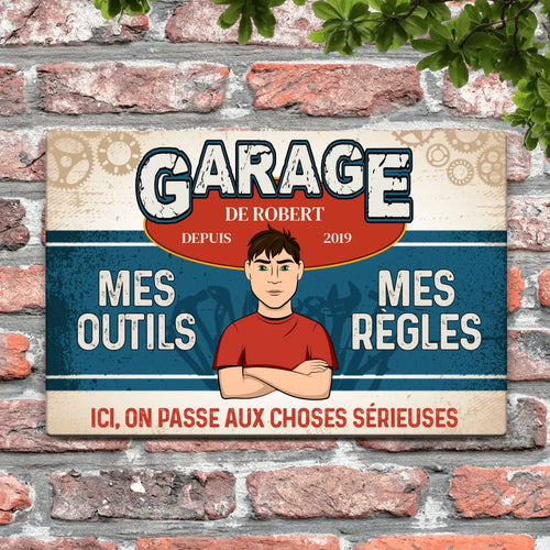 Pancarte de porte personnalisée pour mécanos et bricoleurs en Alu-Dibond, motif garage atelier – Motiv 2