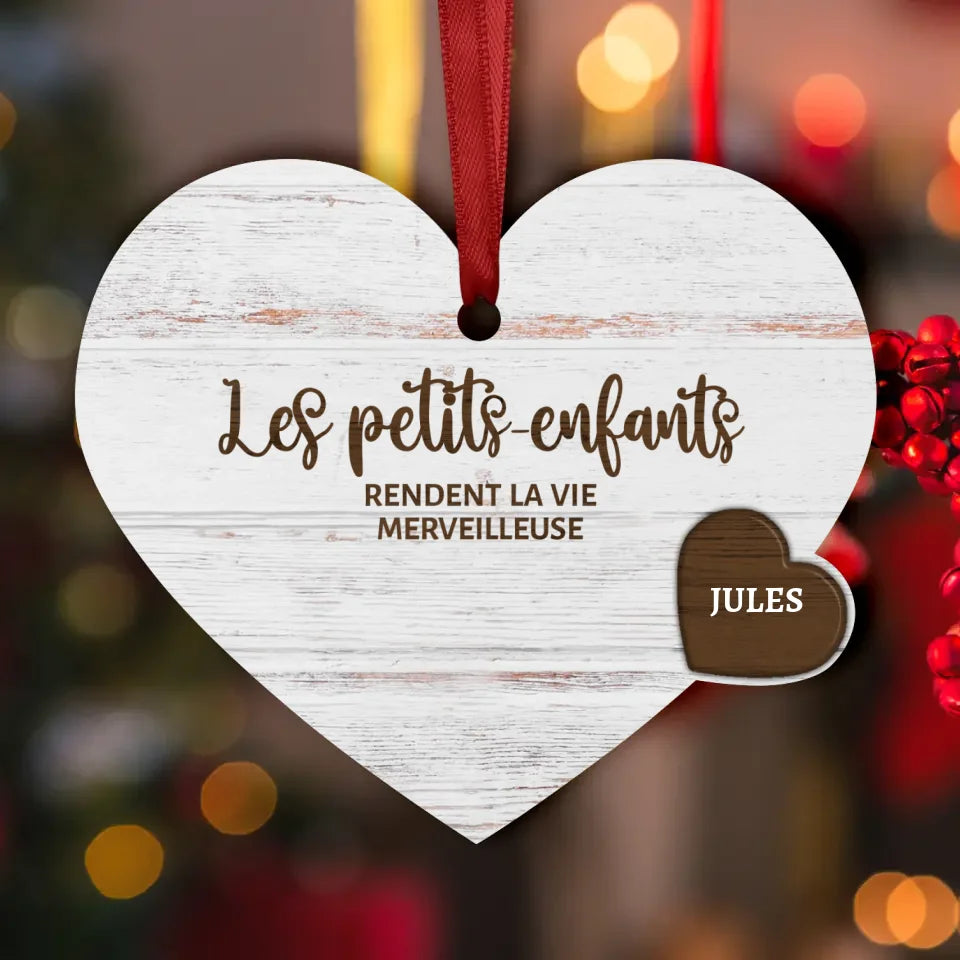 Ornement cœur Noël personnalisé bois avec prénoms Les petits-enfants