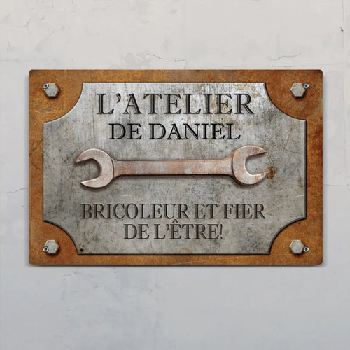 Plaque de porte personnalisée pour artisans en Alu-Dibond avec gravure de noms, design artisanal