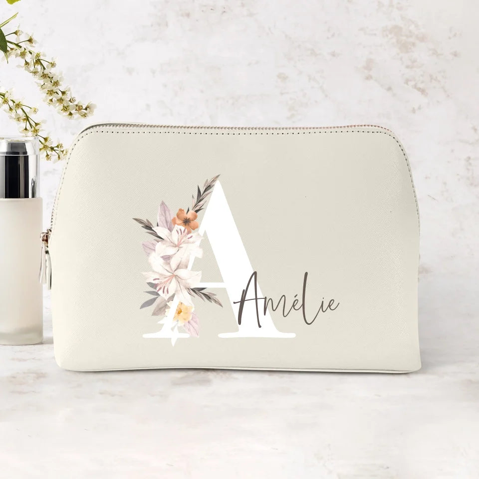 Trousse cosmétique PU personnalisée avec initiale florale et nom, impression DTF couleurs vives