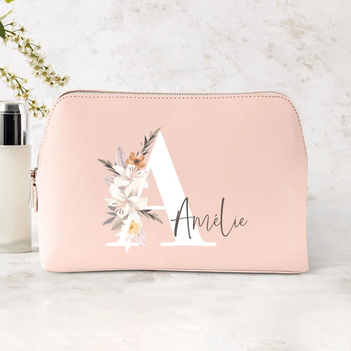 Trousse cosmétique PU personnalisée avec initiale florale et nom, impression DTF couleurs vives – Motiv 2