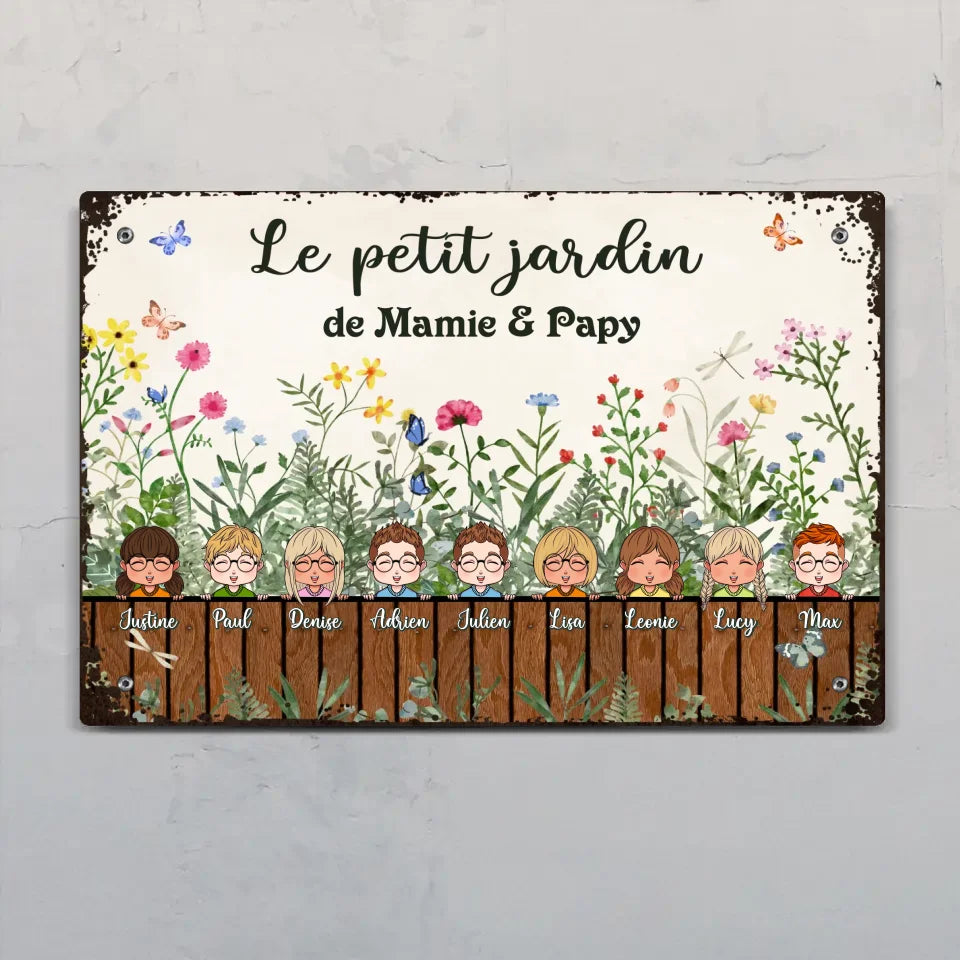 Plaque de jardin personnalisable Le jardin de mamie & papy avec figurines d'enfants et motifs végétaux en Alu-Dibond