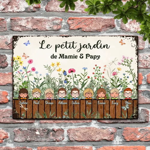 Plaque de jardin personnalisable Le jardin de mamie & papy avec figurines d'enfants et motifs végétaux en – Motiv 2
