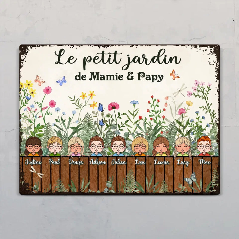 Le jardin de mamie & papy - Plaque avec figurines d'enfants personnalisables et design végétal