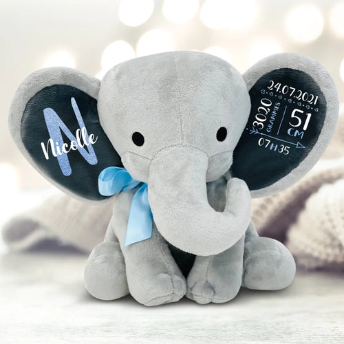 Éléphant en peluche gris personnalisable avec nom et date de naissance, cadeau naissance bébé
