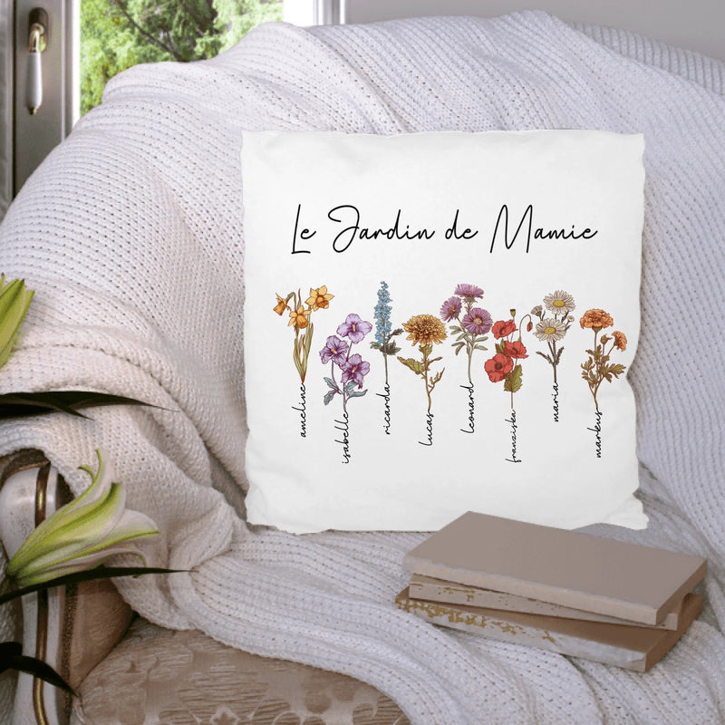 Toujours en fleur - Coussin personnalisé pour mamie et maman avec fleurs de naissance