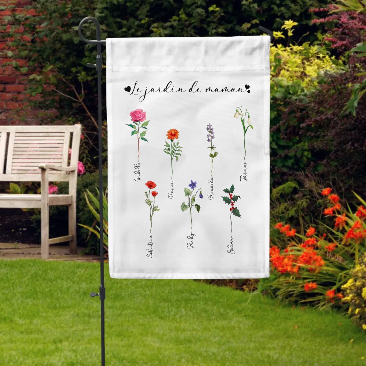 Drapeau de jardin personnalisé Le jardin de mamie avec prénoms des enfants, en lin de qualité avec impression pleine surface