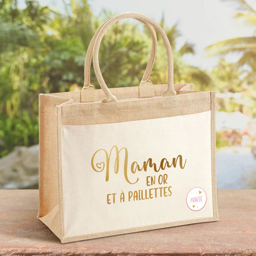 Sac personnalisé Mamie en or pour Mamie et Maman, avec impression DTF et poignées robustes