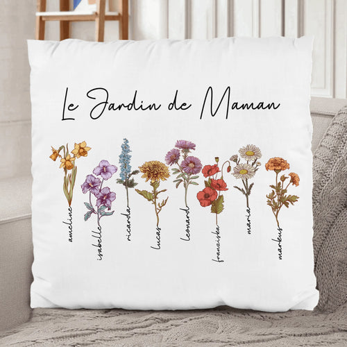Coussin personnalisé mamie maman avec fleurs de naissance et prénoms, peluche premium moelleux