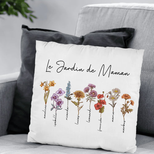 Coussin personnalisé mamie maman avec fleurs de naissance et prénoms, peluche premium moelleux – Motiv 2