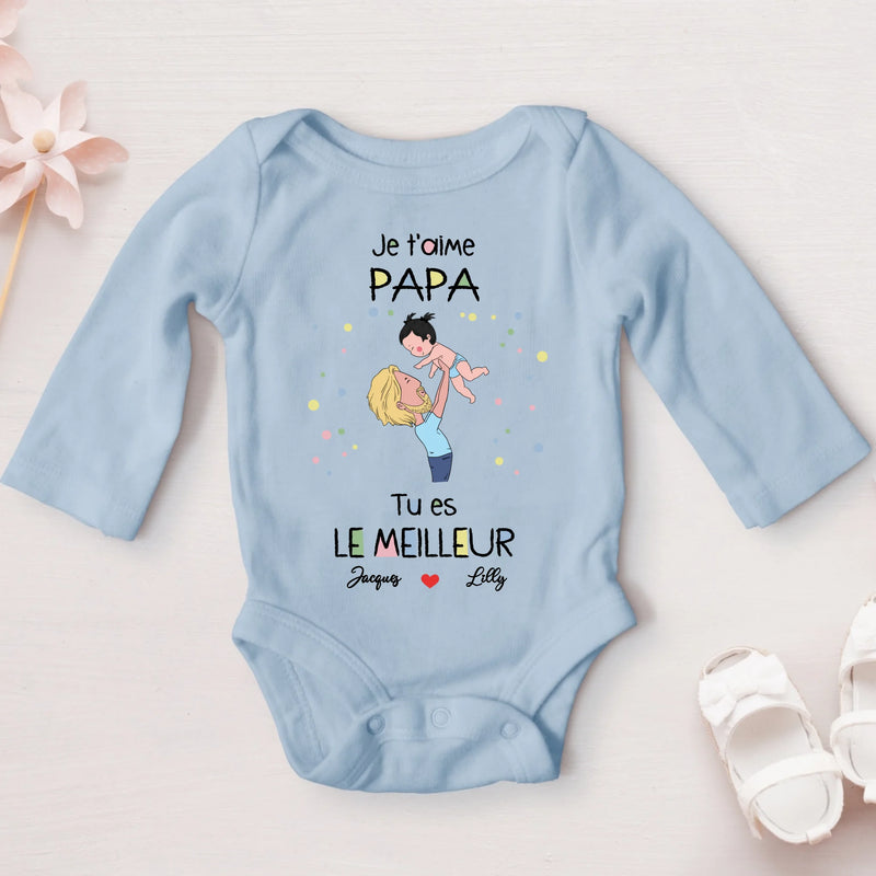 himmelblauer Langarm-Babybody personalisierbar - gefertigt von Love & Faith
